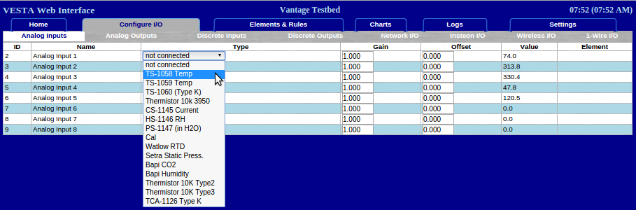 A screenshot of the user configuring an Analog Sensor on the Configure I/O tab