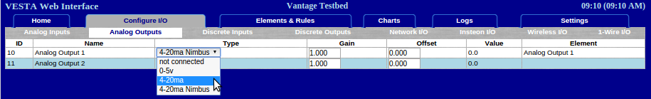 A screenshot of configuring the Analog Outputs